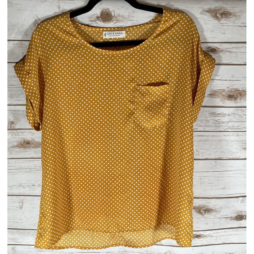 Jon and Anna womens lg short sleeve mustard yellow with polka dots and button ba